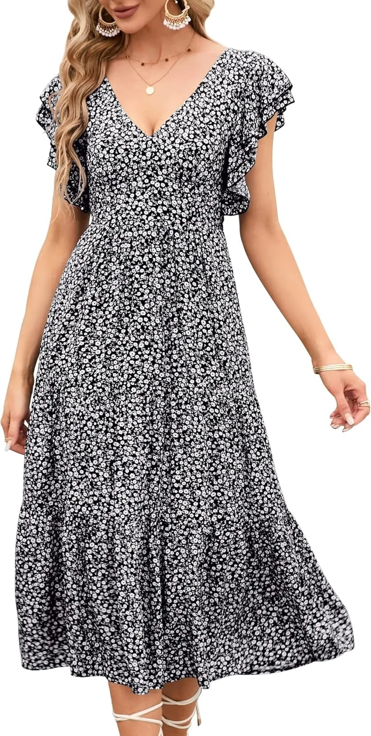 Womens Off Shoulder Summer Dresses Square Neck Short Sleeve Tie Backless Ruffle A Line Casual Layer Mini Dress