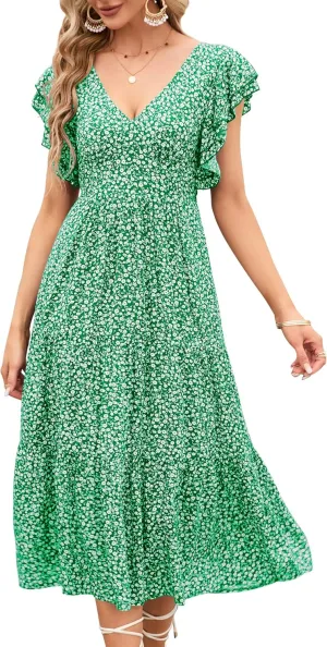Womens Off Shoulder Summer Dresses Square Neck Short Sleeve Tie Backless Ruffle A Line Casual Layer Mini Dress