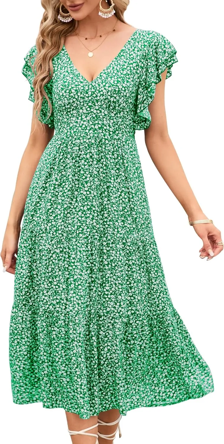 Womens Off Shoulder Summer Dresses Square Neck Short Sleeve Tie Backless Ruffle A Line Casual Layer Mini Dress