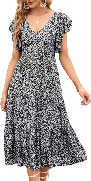 Womens Off Shoulder Summer Dresses Square Neck Short Sleeve Tie Backless Ruffle A Line Casual Layer Mini Dress
