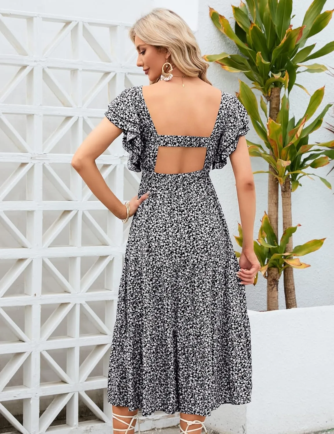 Womens Off Shoulder Summer Dresses Square Neck Short Sleeve Tie Backless Ruffle A Line Casual Layer Mini Dress