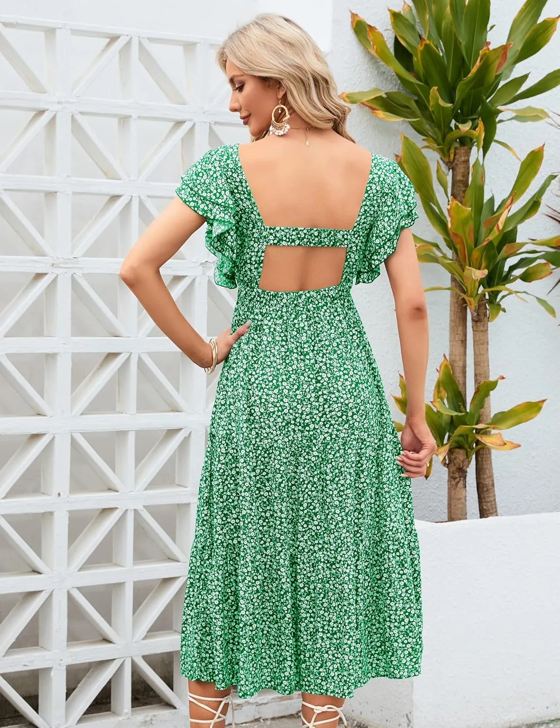 Womens Off Shoulder Summer Dresses Square Neck Short Sleeve Tie Backless Ruffle A Line Casual Layer Mini Dress