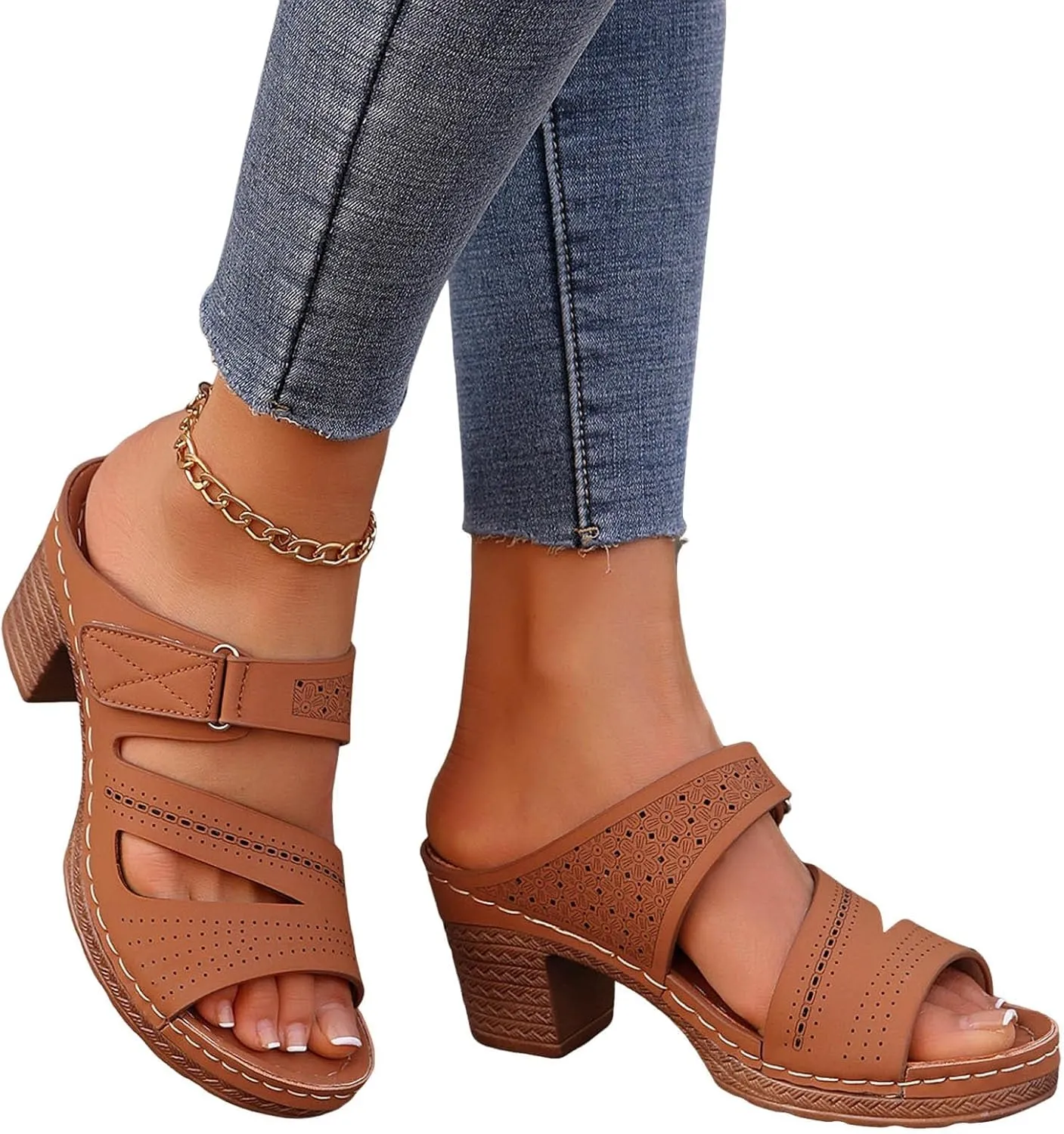 Womens Open Toe Sandals Summer Casual Non Slip Slippers Orthopedic Chunky Low Heels Open Toe Casual Summer Dressy Walking Beach Slippers Hollow Out Shoes