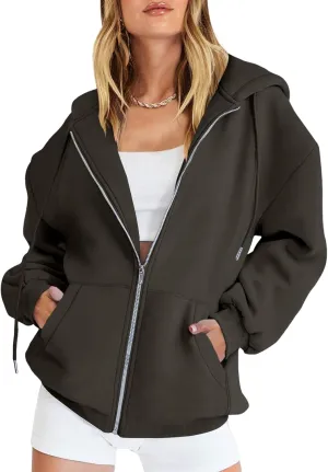 Women's Oversized Casual Full Zip Up Y2K Hoodies Sweatshirts Plush Comfy Loose Solid Long Sleeve Jacket with Pockets