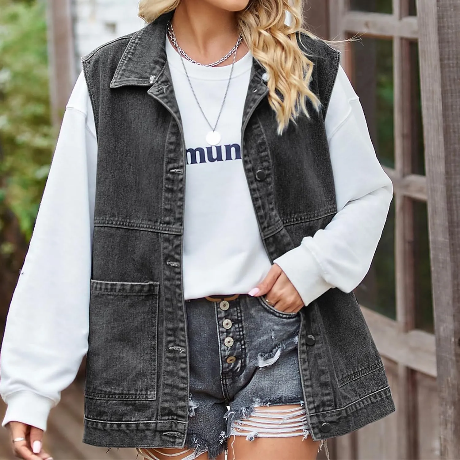 Womens Oversized Denim Vest Hooded Button Down Sleeveless Coats Drop Shoulder Washed Distressed Jean Vest Jacket