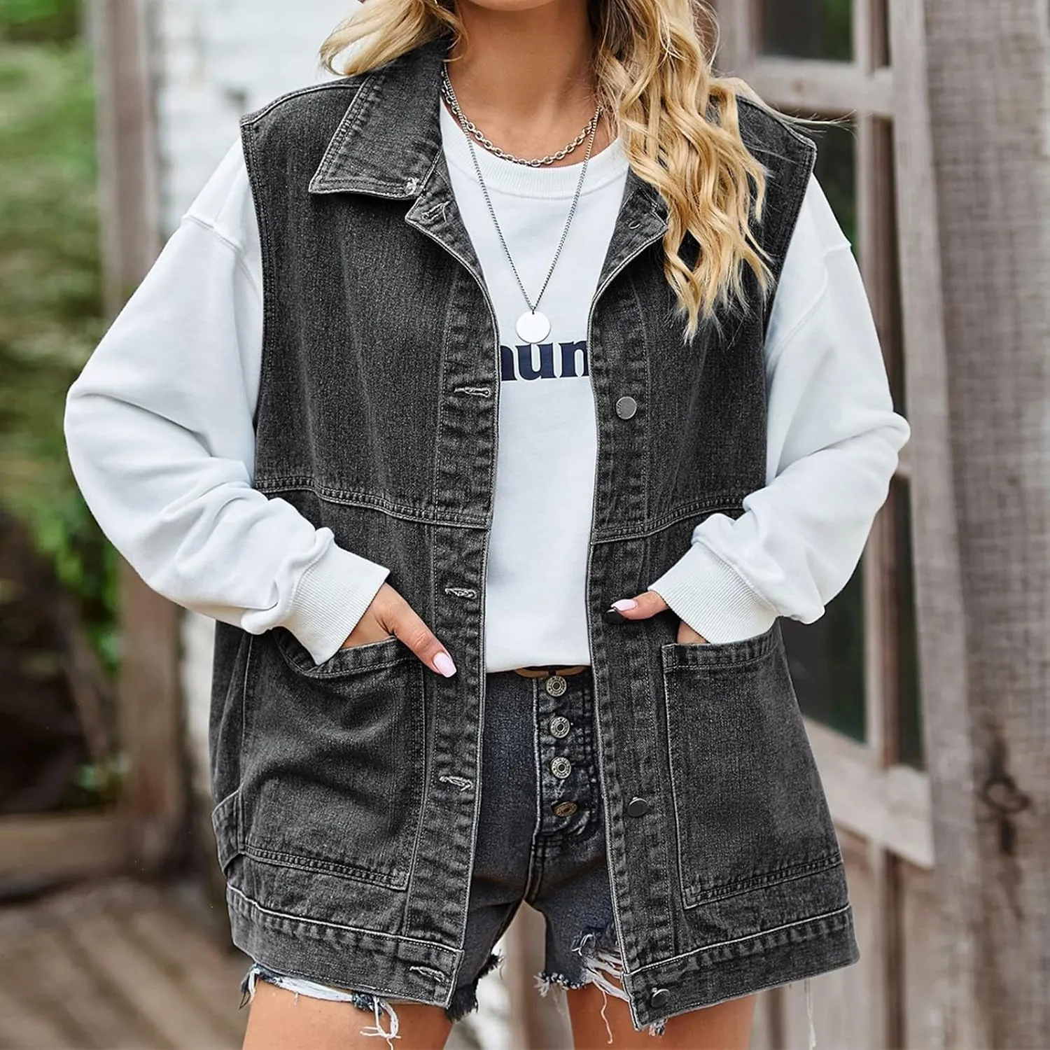Womens Oversized Denim Vest Hooded Button Down Sleeveless Coats Drop Shoulder Washed Distressed Jean Vest Jacket