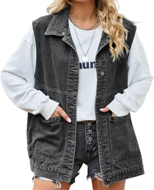 Womens Oversized Denim Vest Hooded Button Down Sleeveless Coats Drop Shoulder Washed Distressed Jean Vest Jacket