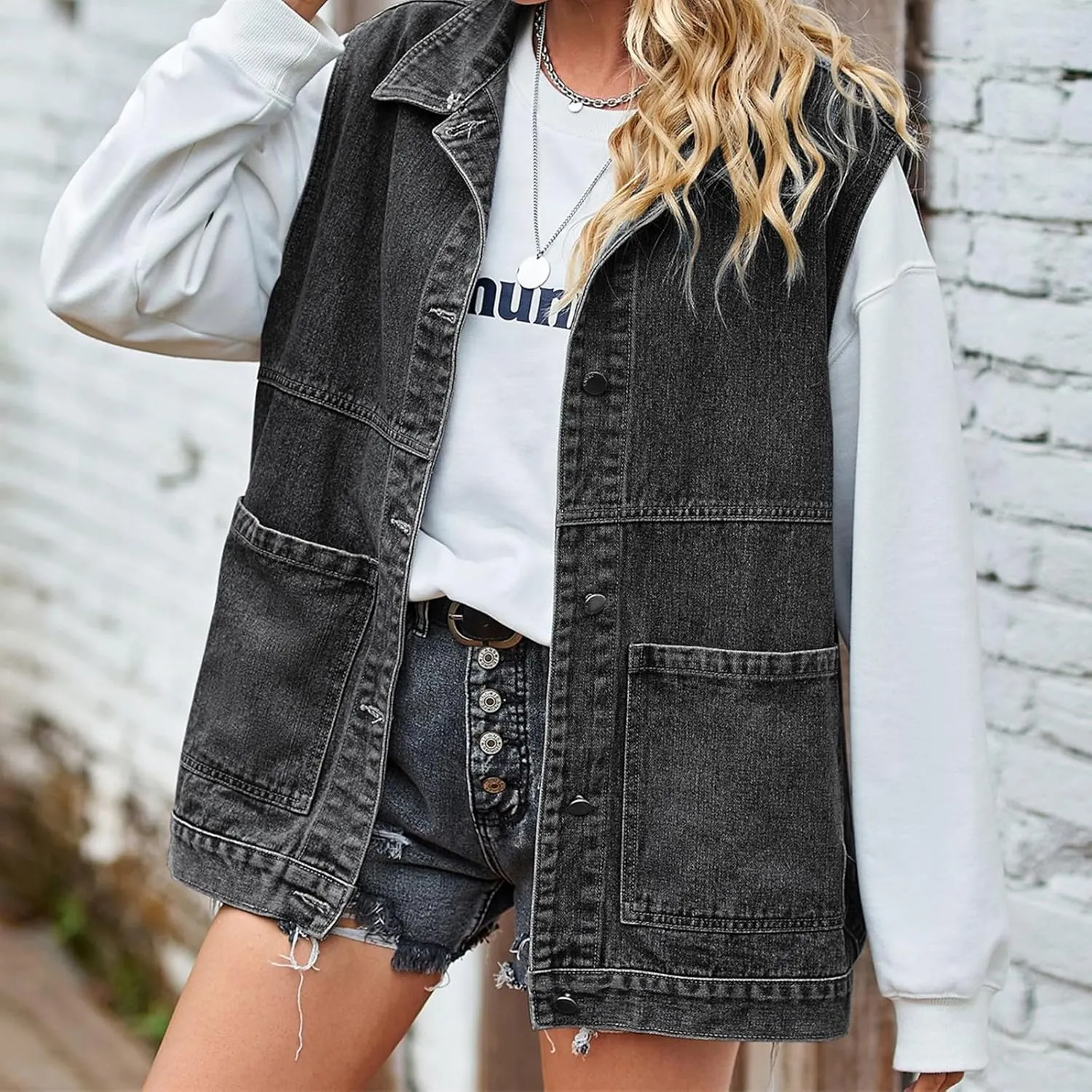 Womens Oversized Denim Vest Hooded Button Down Sleeveless Coats Drop Shoulder Washed Distressed Jean Vest Jacket