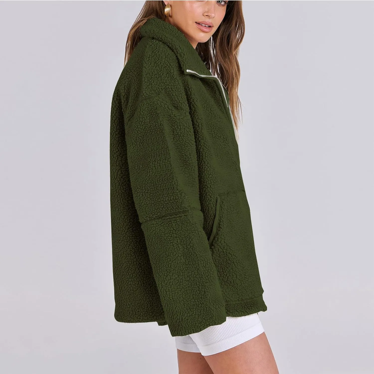 Womens Oversized Fleece Sherpa Lined Jacket Zip Up Long Sleeve Teddy Coat Casual Winter Warm Clothes with Pockets