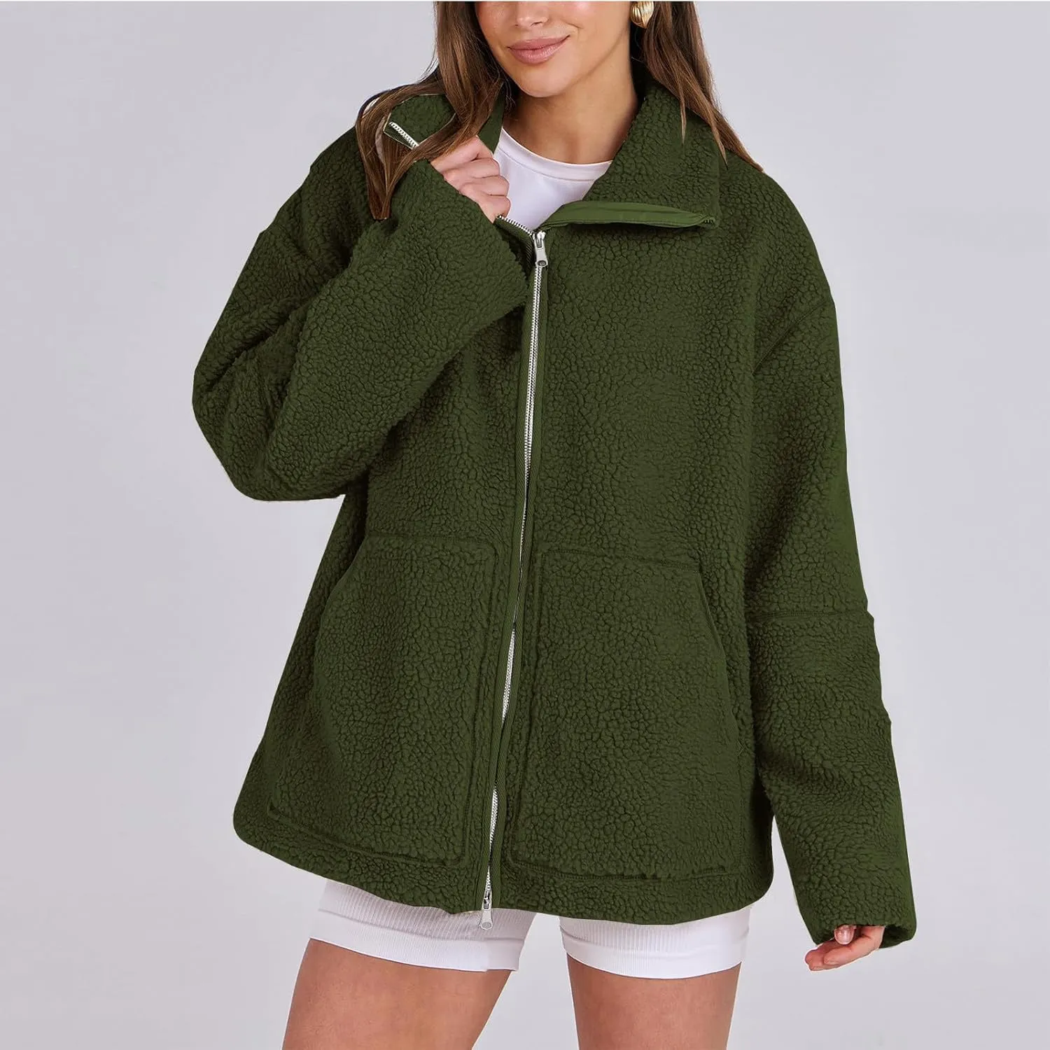 Womens Oversized Fleece Sherpa Lined Jacket Zip Up Long Sleeve Teddy Coat Casual Winter Warm Clothes with Pockets