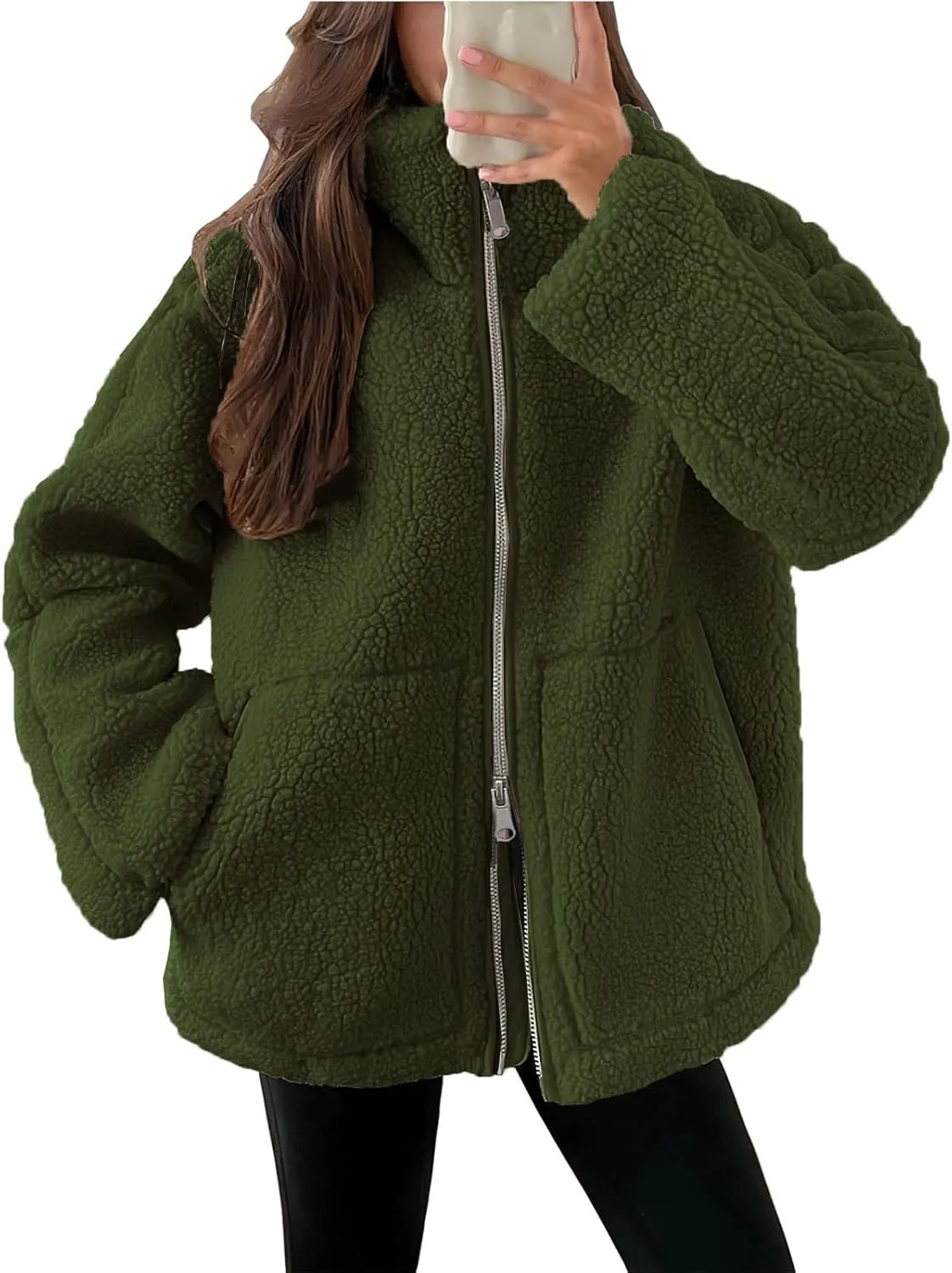 Womens Oversized Fleece Sherpa Lined Jacket Zip Up Long Sleeve Teddy Coat Casual Winter Warm Clothes with Pockets