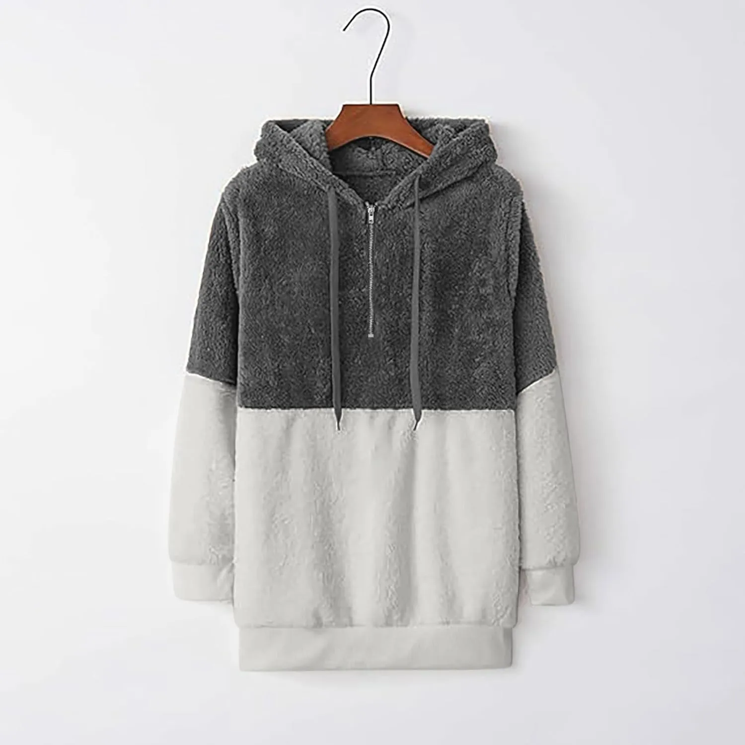 Womens Oversized Hoodies Jacket Sherpa Hooded Sweatshirts Fuzzy Fleece Patchwork Drawstring Pullover Fluffy Outerwear