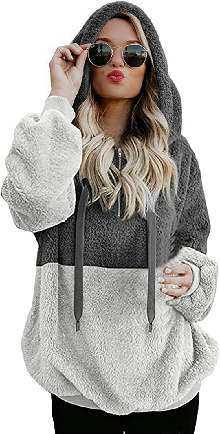 Womens Oversized Hoodies Jacket Sherpa Hooded Sweatshirts Fuzzy Fleece Patchwork Drawstring Pullover Fluffy Outerwear