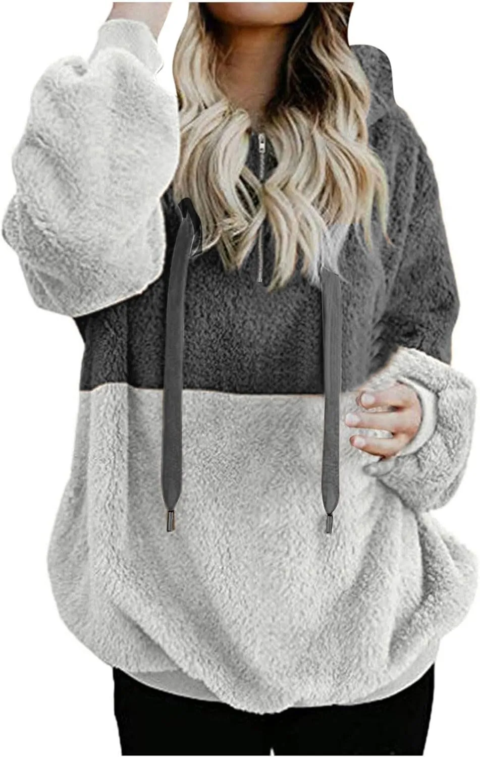Womens Oversized Hoodies Jacket Sherpa Hooded Sweatshirts Fuzzy Fleece Patchwork Drawstring Pullover Fluffy Outerwear