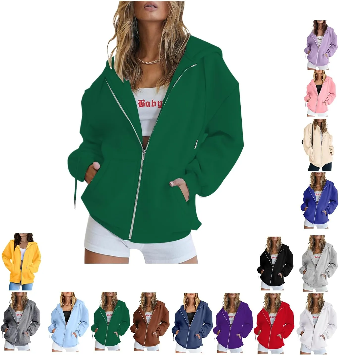 Women's Oversized Zip Hoodie Loose Fit Long Sleeve Sweatshirt Solid Jacket with Pockets, Oversized Long Sleeve Sweatshirt