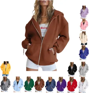 Women's Oversized Zip Hoodie Loose Fit Long Sleeve Sweatshirt Solid Jacket with Pockets, Oversized Long Sleeve Sweatshirt