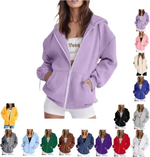 Women's Oversized Zip Hoodie Loose Fit Long Sleeve Sweatshirt Solid Jacket with Pockets, Oversized Long Sleeve Sweatshirt