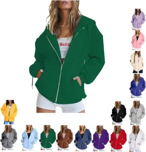 Women's Oversized Zip Hoodie Loose Fit Long Sleeve Sweatshirt Solid Jacket with Pockets, Oversized Long Sleeve Sweatshirt