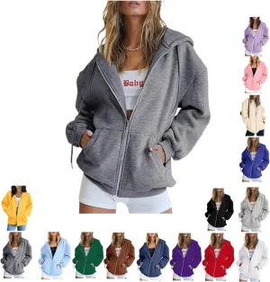 Women's Oversized Zip Hoodie Loose Fit Long Sleeve Sweatshirt Solid Jacket with Pockets, Oversized Long Sleeve Sweatshirt