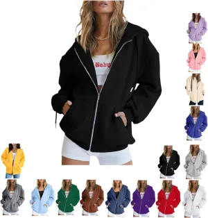Women's Oversized Zip Hoodie Loose Fit Long Sleeve Sweatshirt Solid Jacket with Pockets, Oversized Long Sleeve Sweatshirt