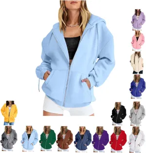 Women's Oversized Zip Hoodie Loose Fit Long Sleeve Sweatshirt Solid Jacket with Pockets, Oversized Long Sleeve Sweatshirt
