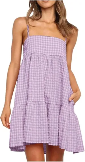Womens Plaid A-Line Dresses Adjustable Shoulder Straps Ruffle Hem Casual Mini Dress Beach Sundress with Side Pockets