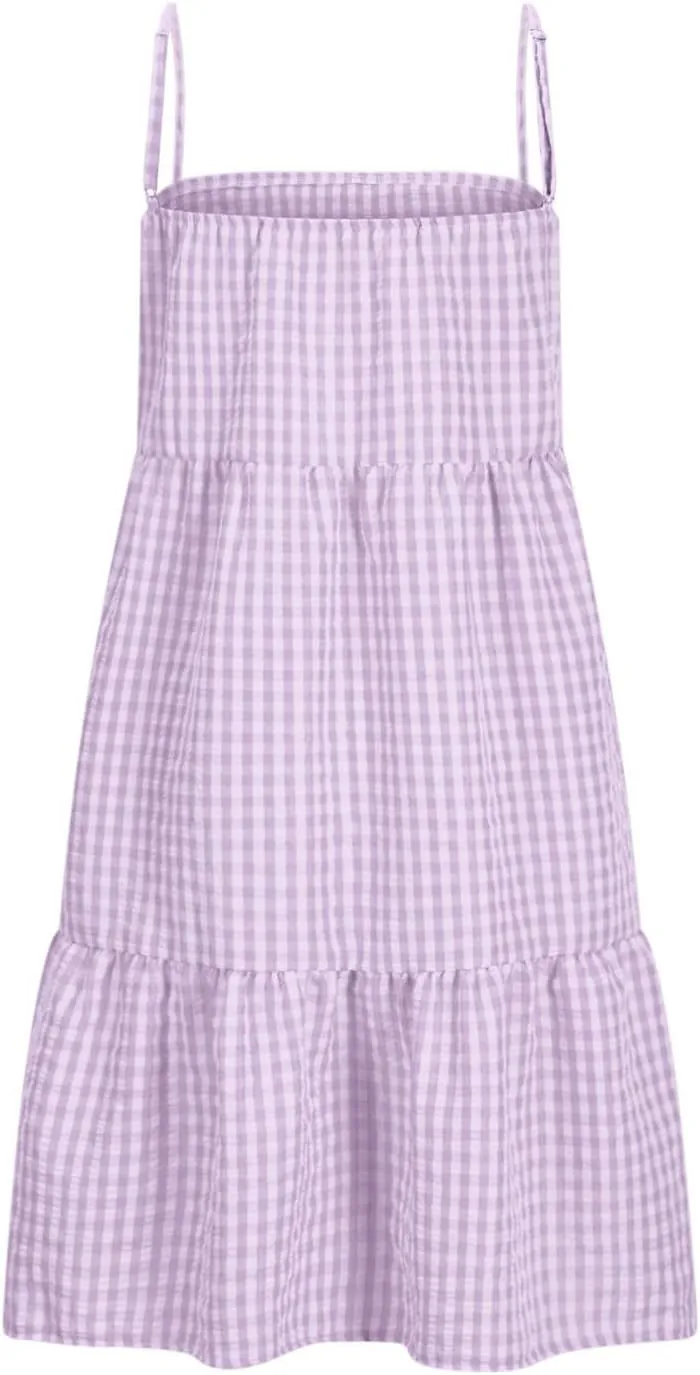 Womens Plaid A-Line Dresses Adjustable Shoulder Straps Ruffle Hem Casual Mini Dress Beach Sundress with Side Pockets