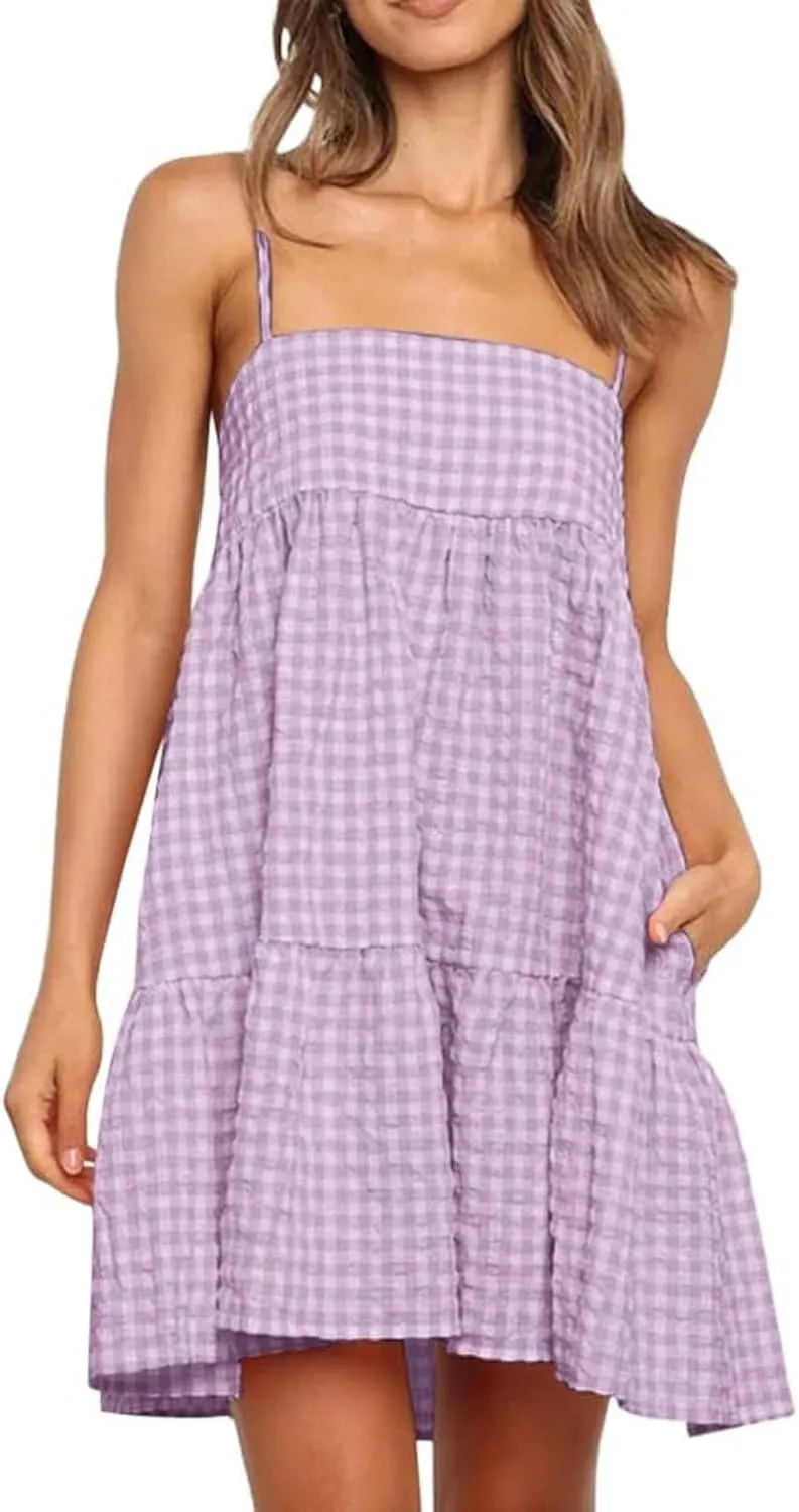 Womens Plaid A-Line Dresses Adjustable Shoulder Straps Ruffle Hem Casual Mini Dress Beach Sundress with Side Pockets