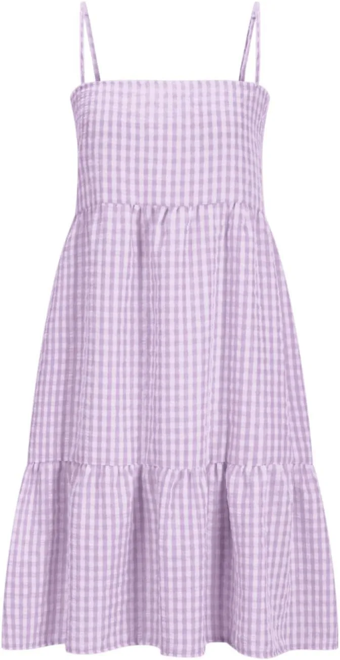Womens Plaid A-Line Dresses Adjustable Shoulder Straps Ruffle Hem Casual Mini Dress Beach Sundress with Side Pockets