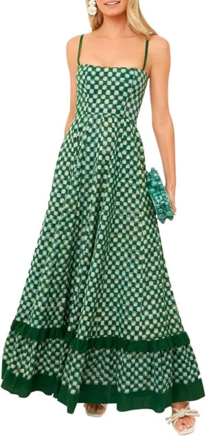 Women's Plaid Long Dress Spaghetti Strap Square Neck Ruffle Hem Swing A Line Summer Party Beach Slip Maxi Dress
