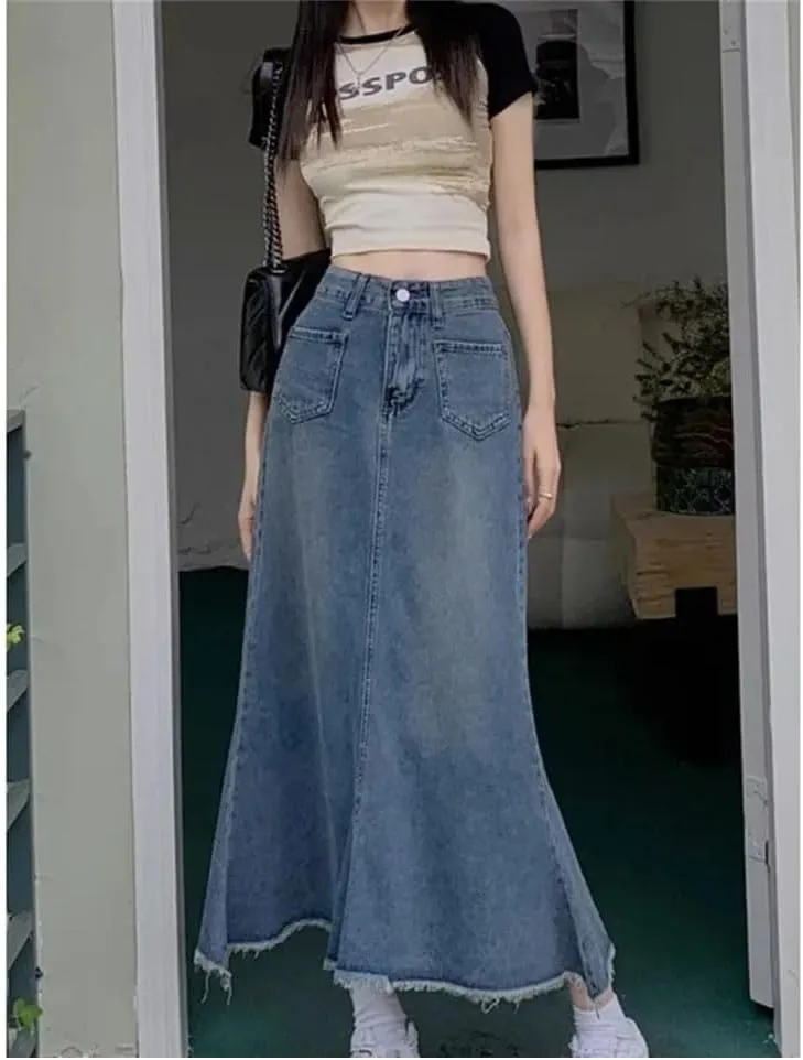 Women's Plus Size High-Waisted Slimming Denim Medium-Length A- Line Skirt Body Shap Skirt