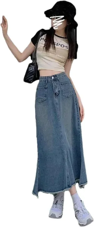 Women's Plus Size High-Waisted Slimming Denim Medium-Length A- Line Skirt Body Shap Skirt