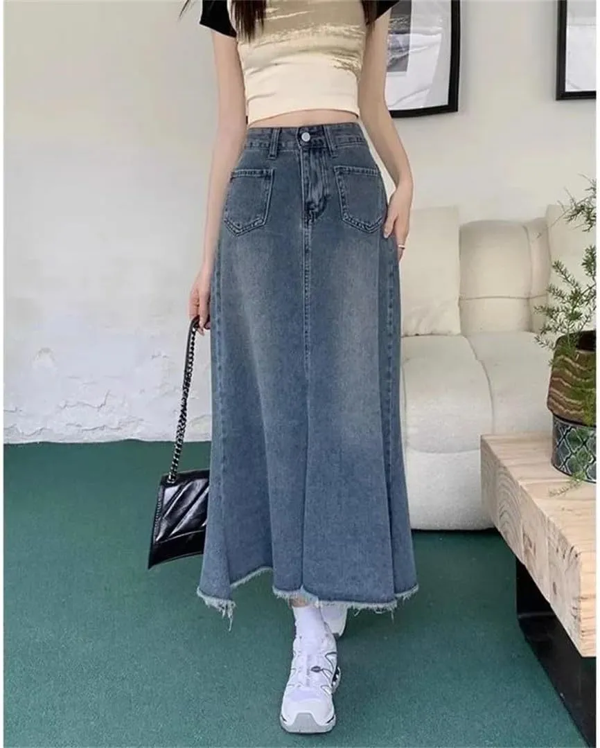 Women's Plus Size High-Waisted Slimming Denim Medium-Length A- Line Skirt Body Shap Skirt