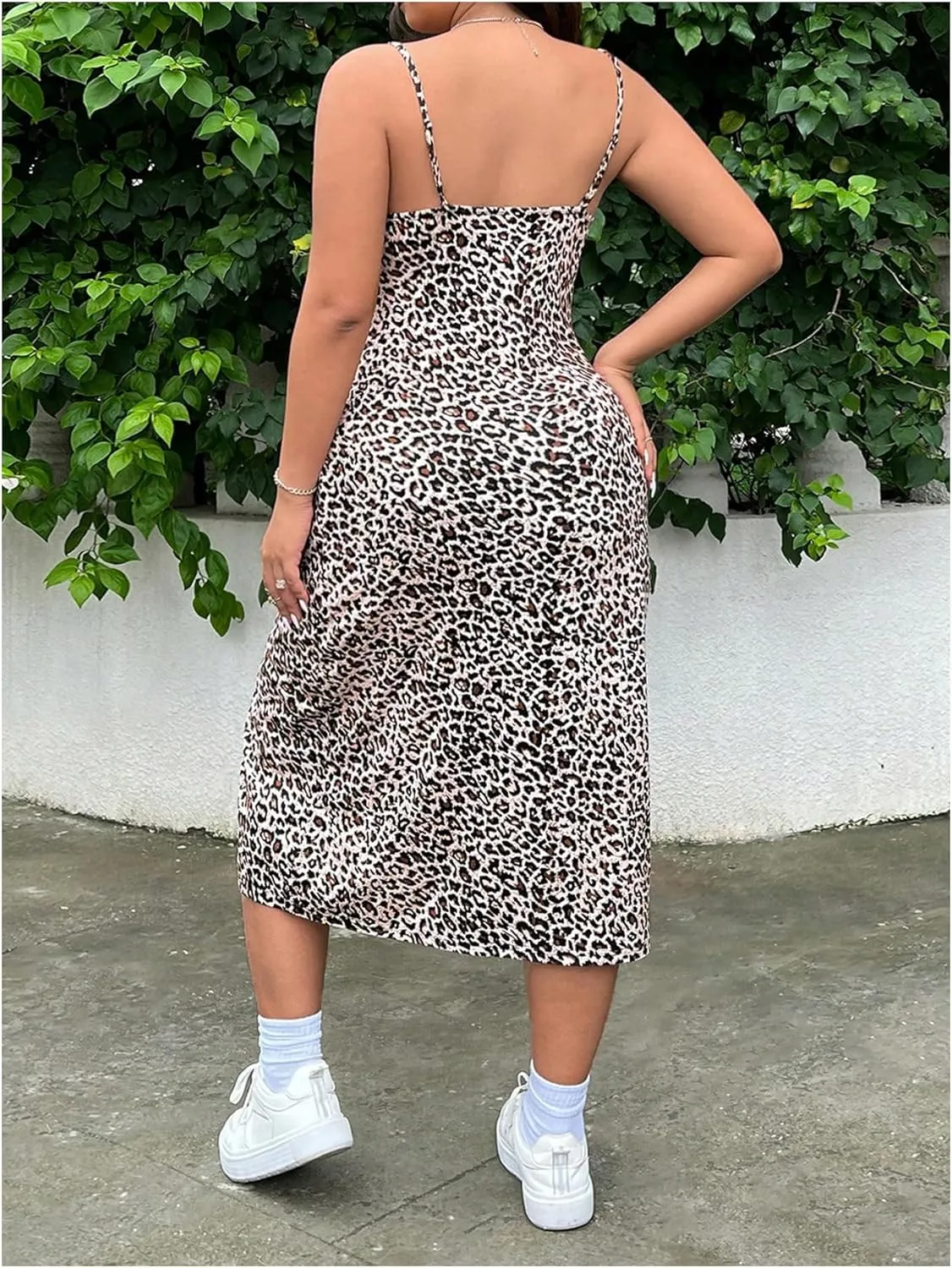 Women's Plus Size Leopard Print Midi Dress Split Thigh Sleeveless Square Neck Bodycon Midi Dresses