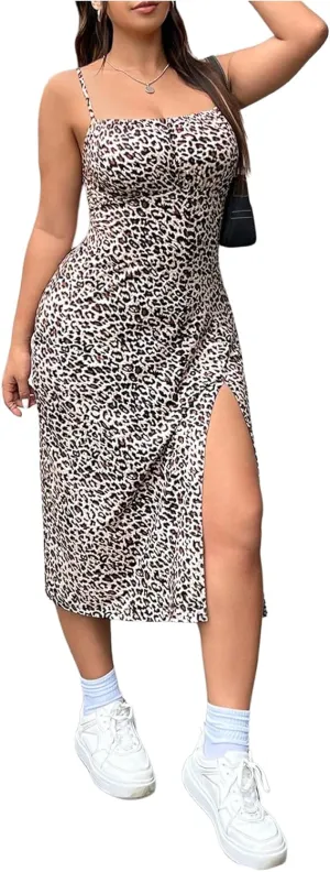 Women's Plus Size Leopard Print Midi Dress Split Thigh Sleeveless Square Neck Bodycon Midi Dresses