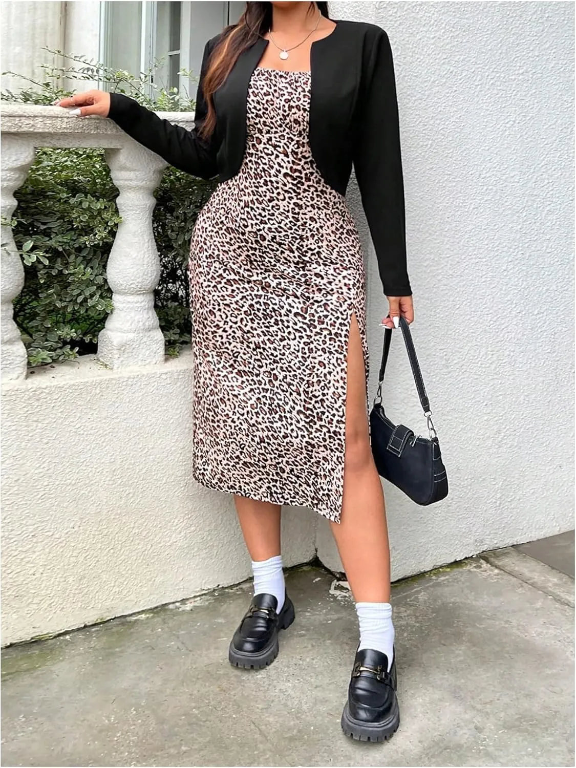 Women's Plus Size Leopard Print Midi Dress Split Thigh Sleeveless Square Neck Bodycon Midi Dresses