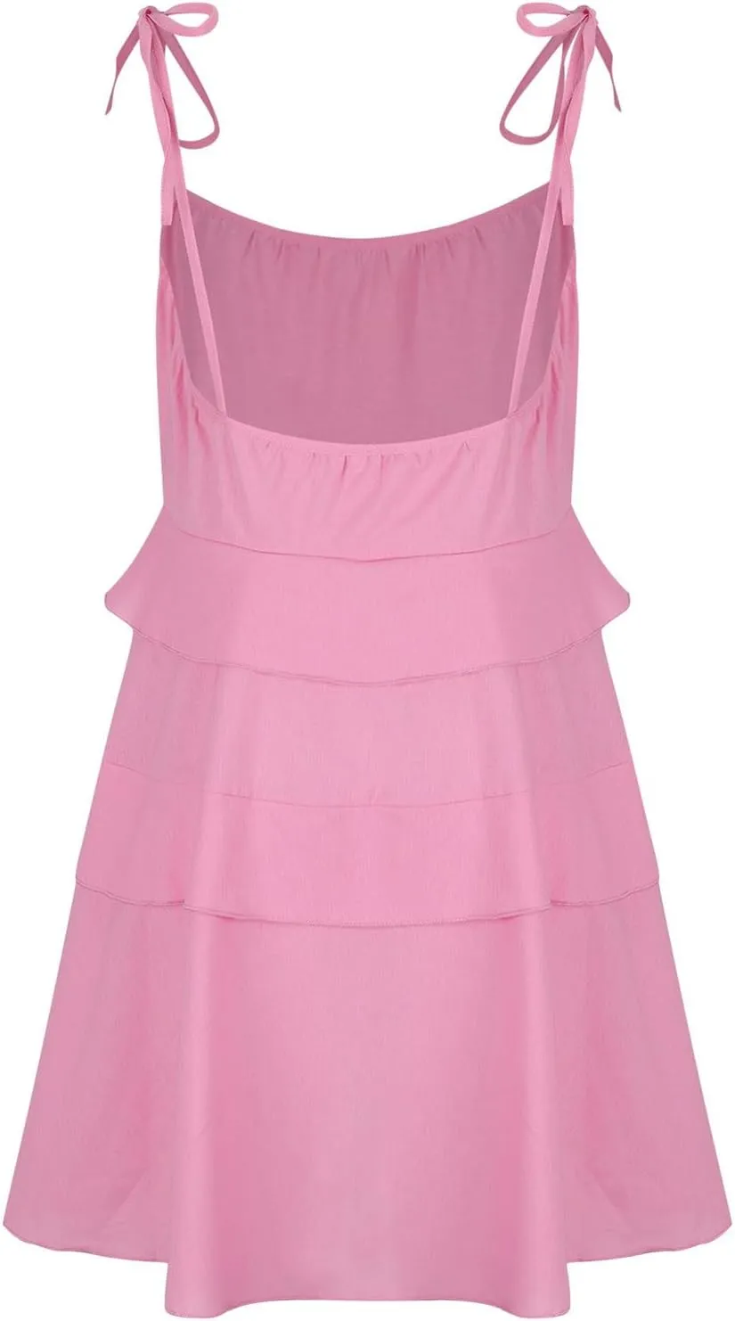 Women's Plus Size Ruffle Hem Cami Mini Dress Square Neck Spaghetti Strap A Line Swing Flowy Spring Summer Loose Short Dresses