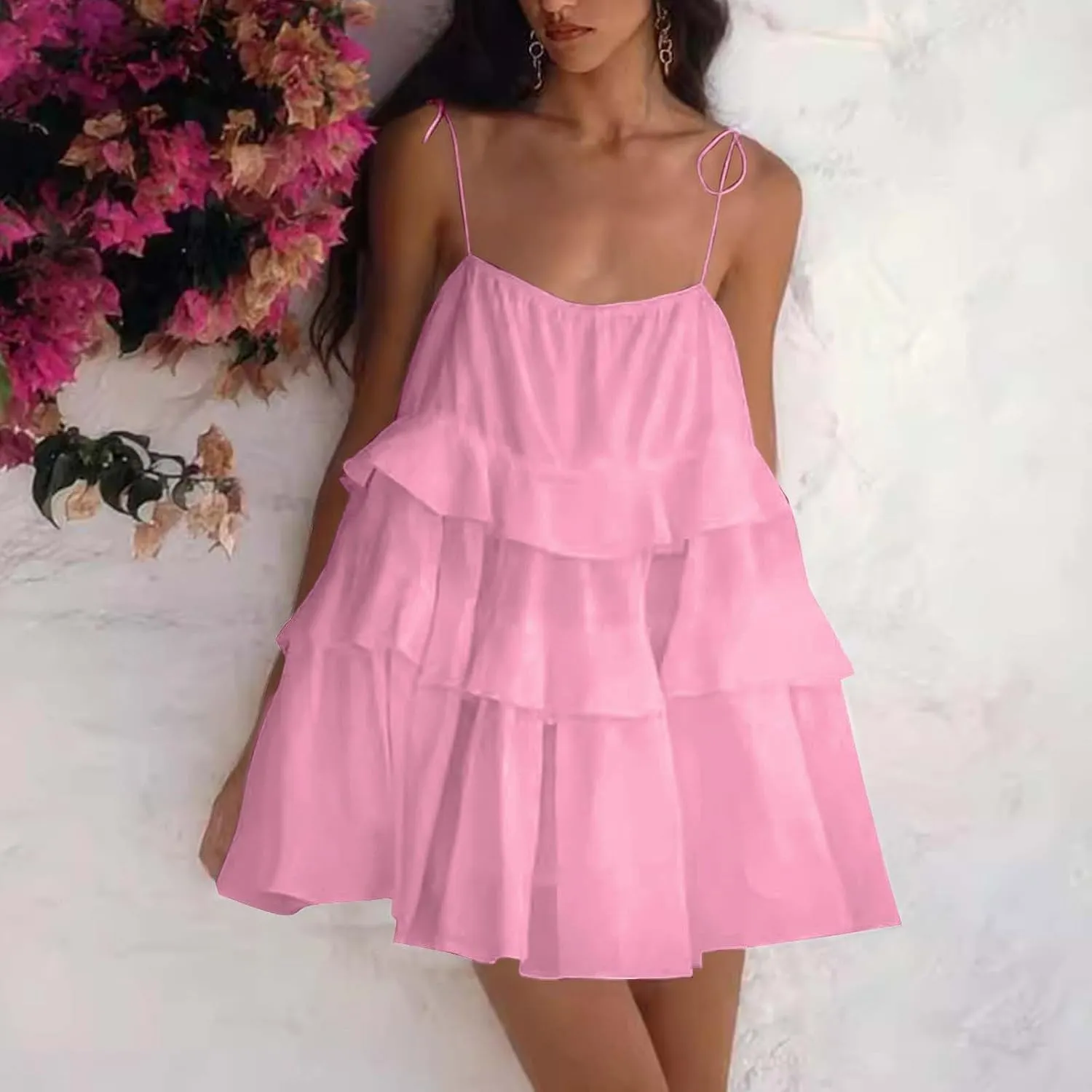 Women's Plus Size Ruffle Hem Cami Mini Dress Square Neck Spaghetti Strap A Line Swing Flowy Spring Summer Loose Short Dresses