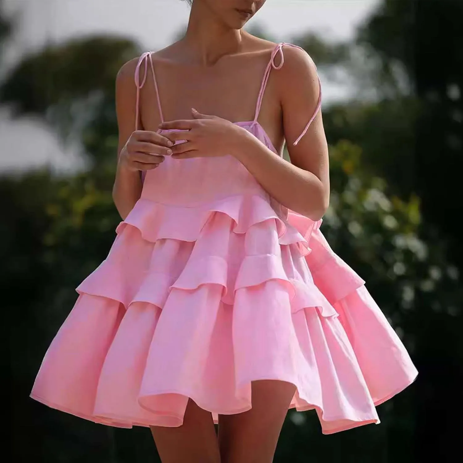 Women's Plus Size Ruffle Hem Cami Mini Dress Square Neck Spaghetti Strap A Line Swing Flowy Spring Summer Loose Short Dresses