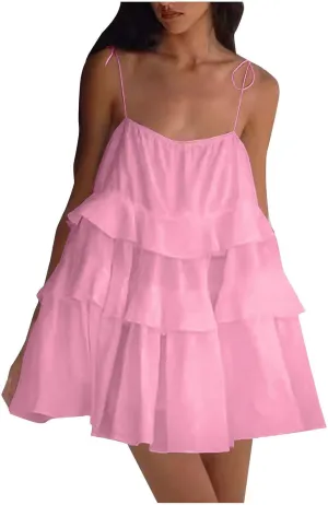 Women's Plus Size Ruffle Hem Cami Mini Dress Square Neck Spaghetti Strap A Line Swing Flowy Spring Summer Loose Short Dresses