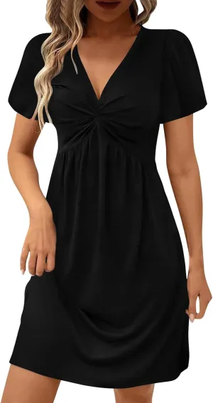 Womens Ruffle Sleeve Layered Mini Dress Smocked Waist Short Dress Boho V Neck Floral Print Cute Summer Dresses