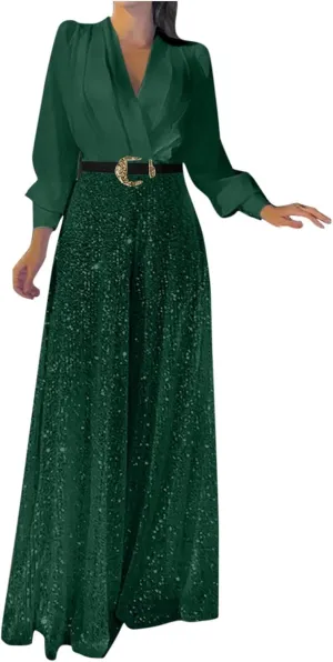 Womens Sequins Jumpsuits Belted High Waisted Wide Leg Trouser Suit Clubwear Long Sleeve V-Neck Party Evening Outfit