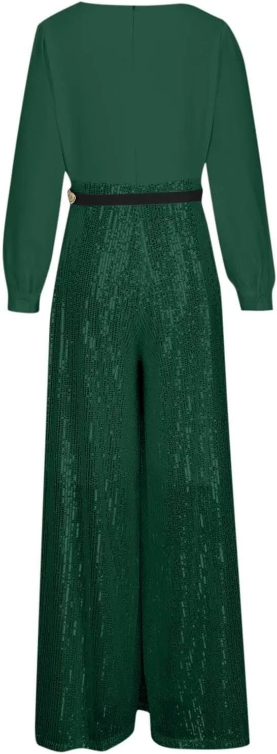Womens Sequins Jumpsuits Belted High Waisted Wide Leg Trouser Suit Clubwear Long Sleeve V-Neck Party Evening Outfit