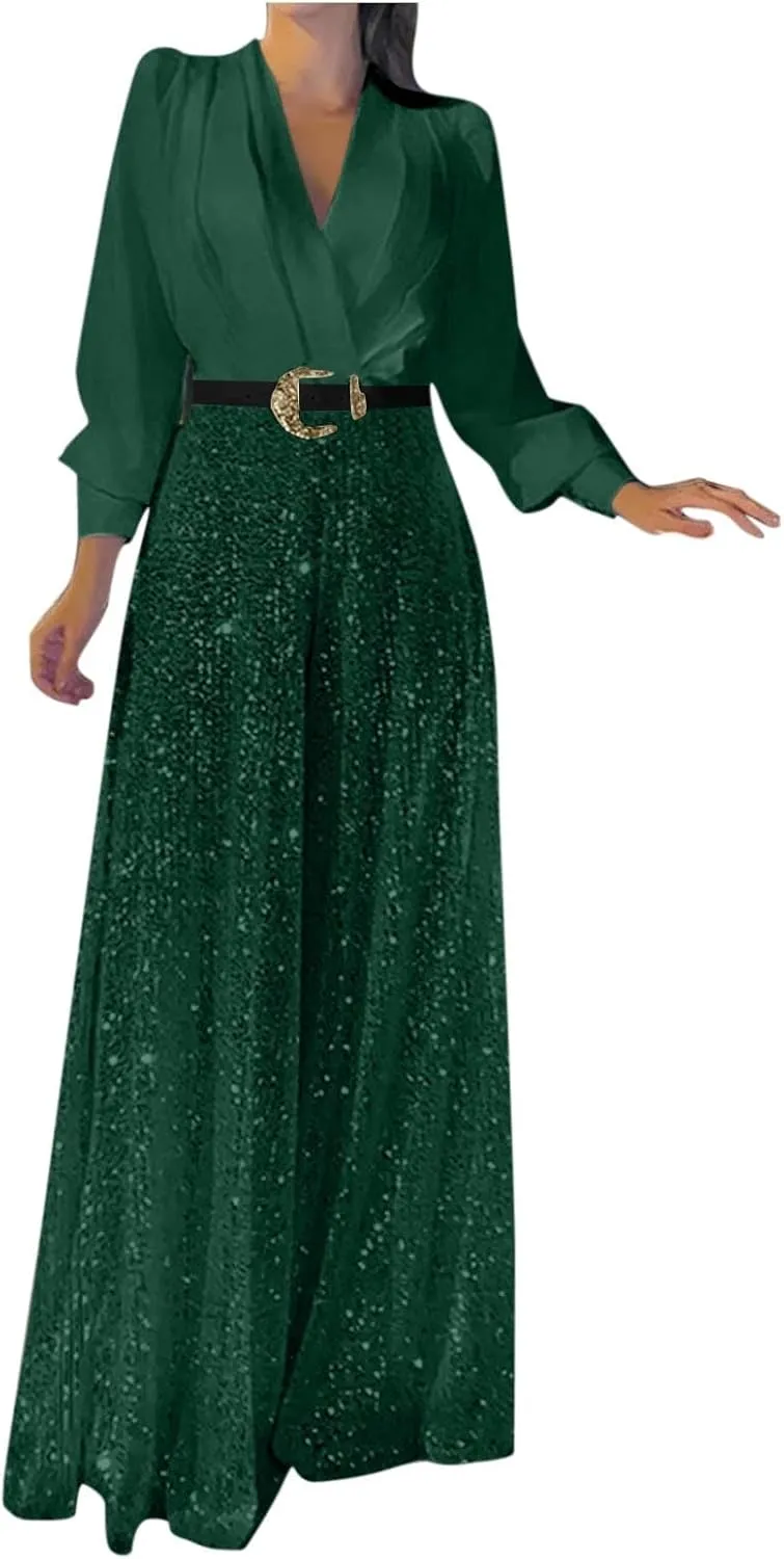Womens Sequins Jumpsuits Belted High Waisted Wide Leg Trouser Suit Clubwear Long Sleeve V-Neck Party Evening Outfit