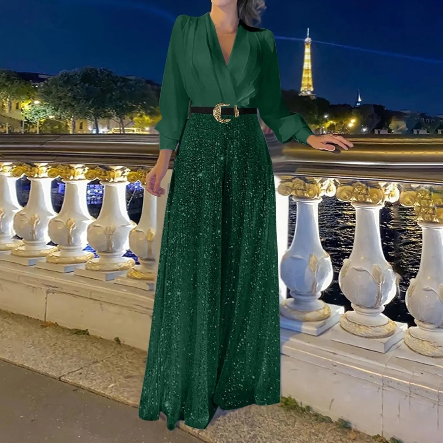Womens Sequins Jumpsuits Belted High Waisted Wide Leg Trouser Suit Clubwear Long Sleeve V-Neck Party Evening Outfit
