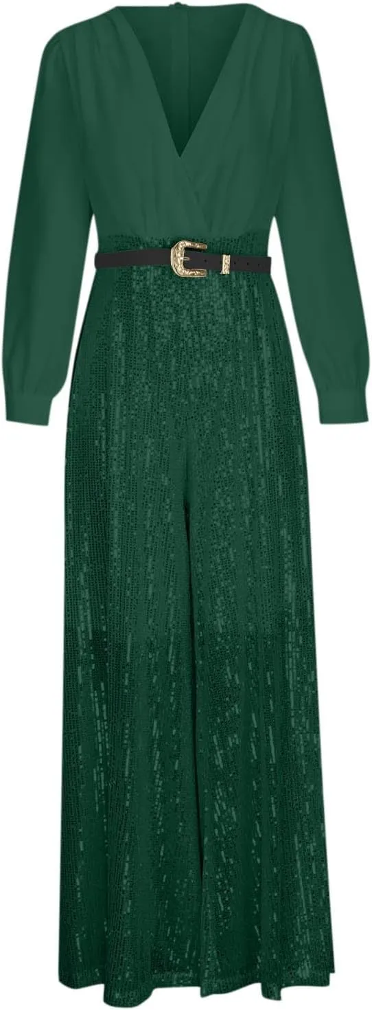 Womens Sequins Jumpsuits Belted High Waisted Wide Leg Trouser Suit Clubwear Long Sleeve V-Neck Party Evening Outfit
