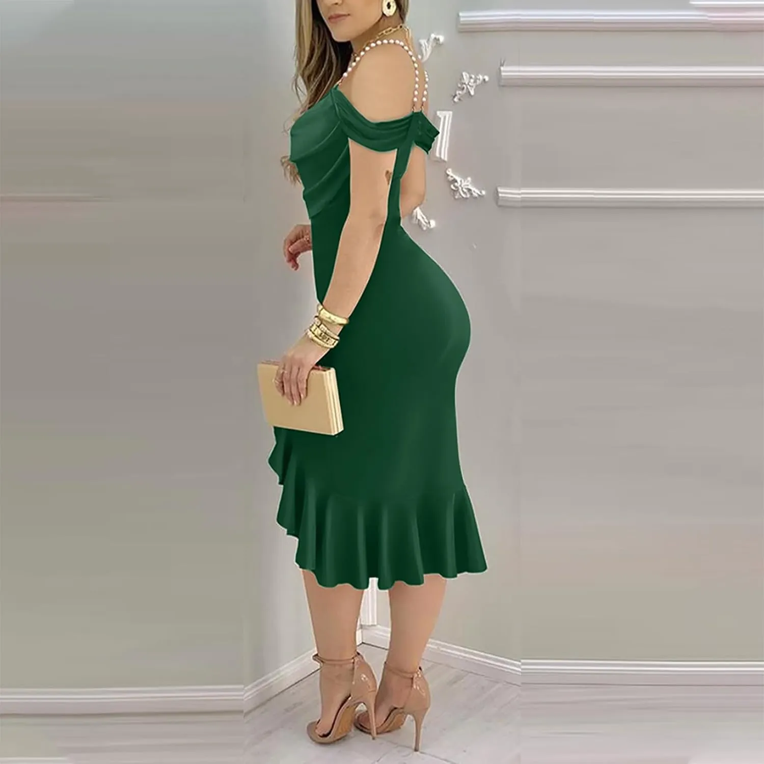 Womens Sexy Bodycon Party Dress Off The Shoulder Pearls Strap Midi Dresses Ruffle Hem Elegant Cocktail Formal Dresses