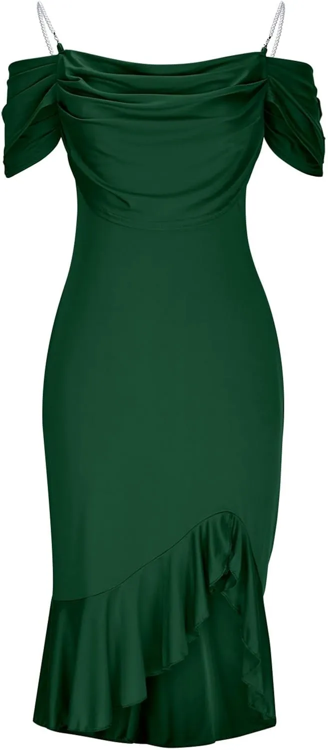 Womens Sexy Bodycon Party Dress Off The Shoulder Pearls Strap Midi Dresses Ruffle Hem Elegant Cocktail Formal Dresses