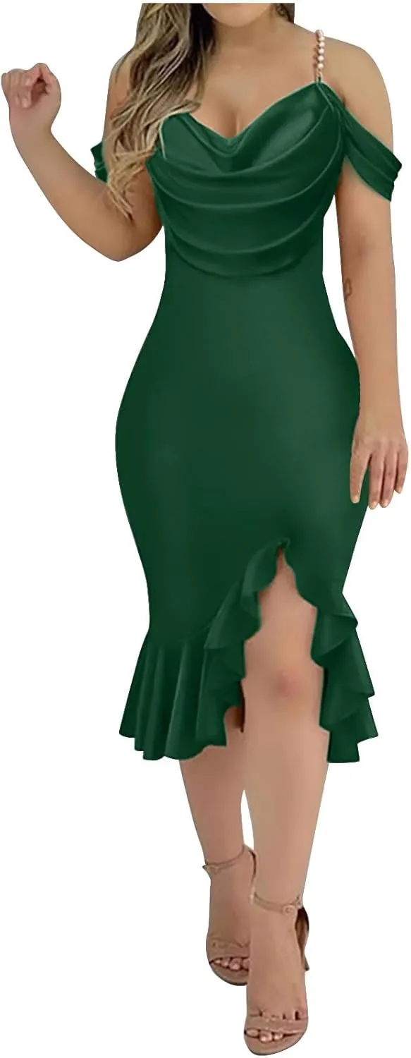 Womens Sexy Bodycon Party Dress Off The Shoulder Pearls Strap Midi Dresses Ruffle Hem Elegant Cocktail Formal Dresses