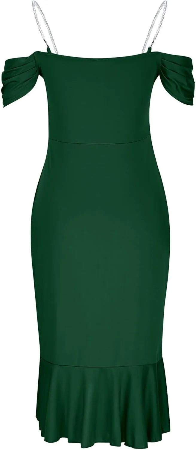 Womens Sexy Bodycon Party Dress Off The Shoulder Pearls Strap Midi Dresses Ruffle Hem Elegant Cocktail Formal Dresses